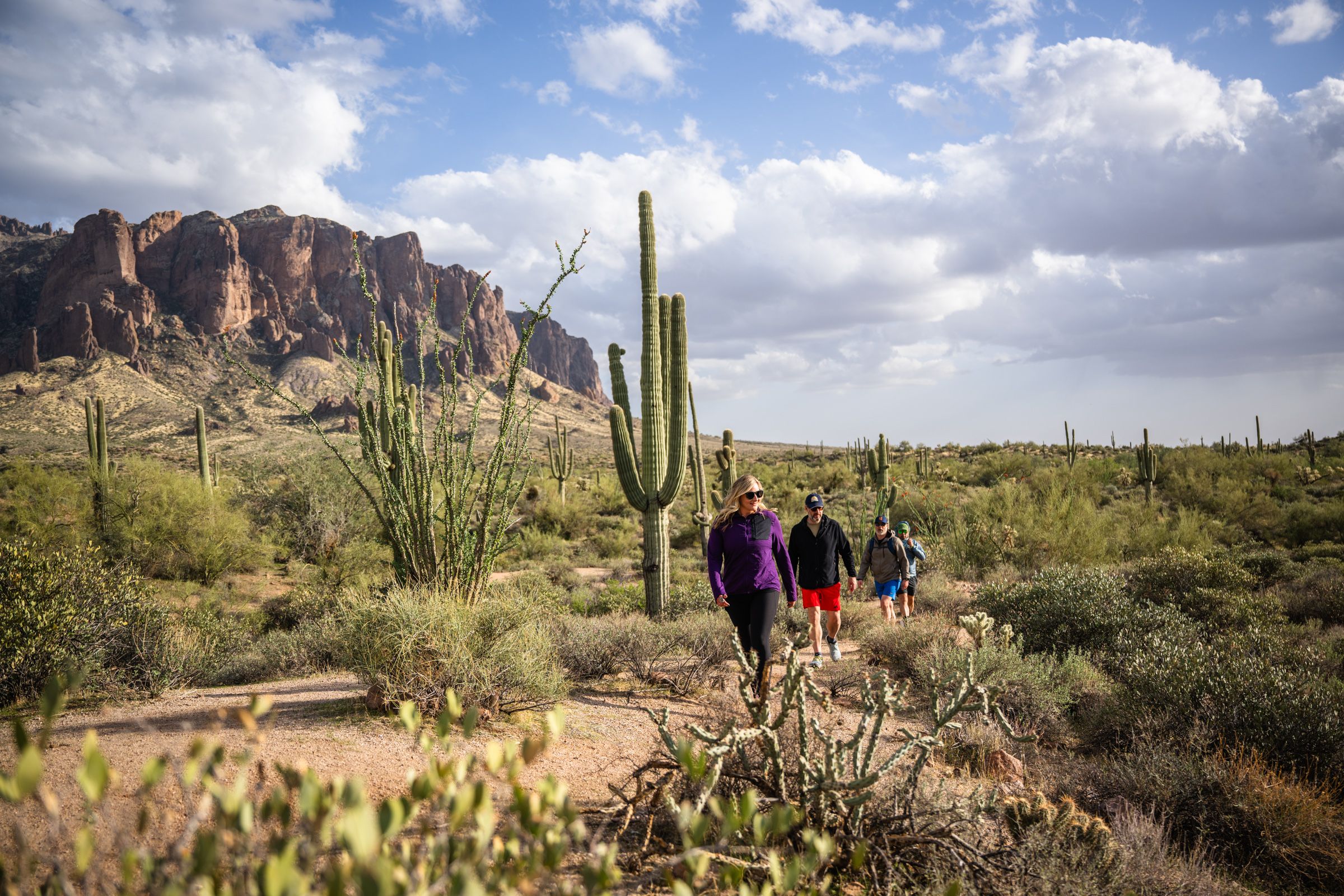 Three people hike a desert trail with tall cacti and mountains in the background under a partly cloudy sky.